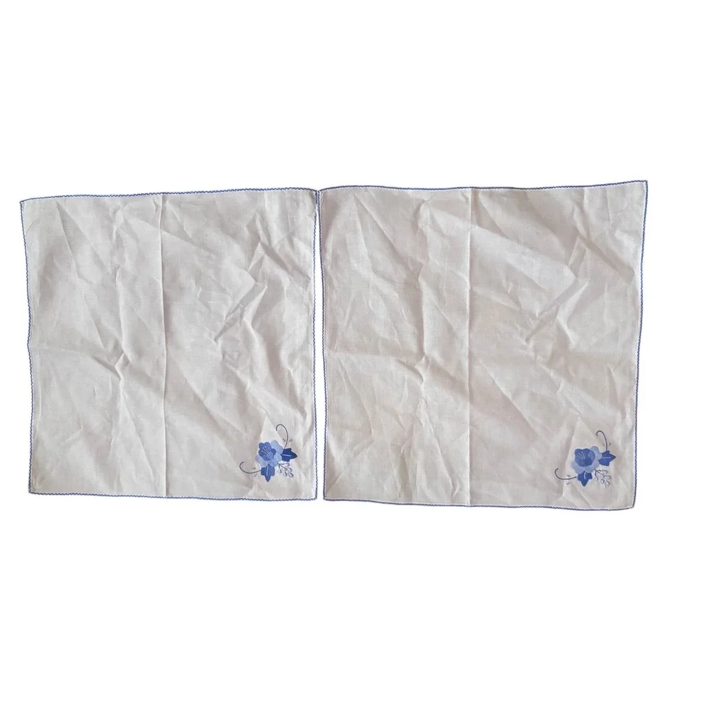 Vintage White Linen‎ Napkins Blue Floral Handmade Square Set of 2 15.5x15.5